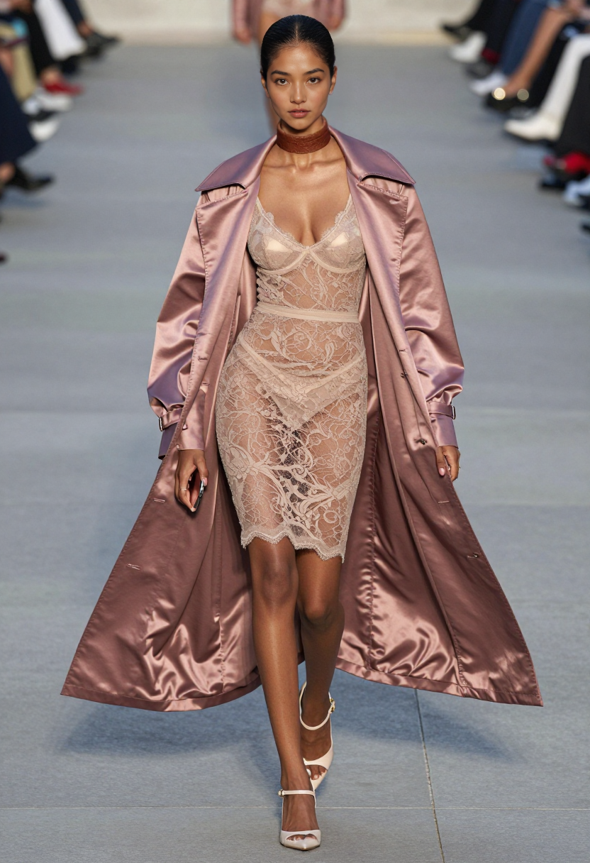 Pink Satin Trench Coat And Beige Lace Dress