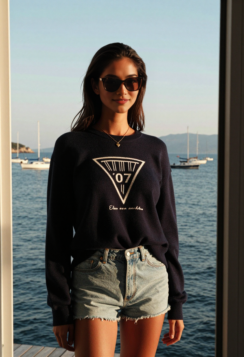 Navy Graphic Sweater And Light Wash Denim Shorts