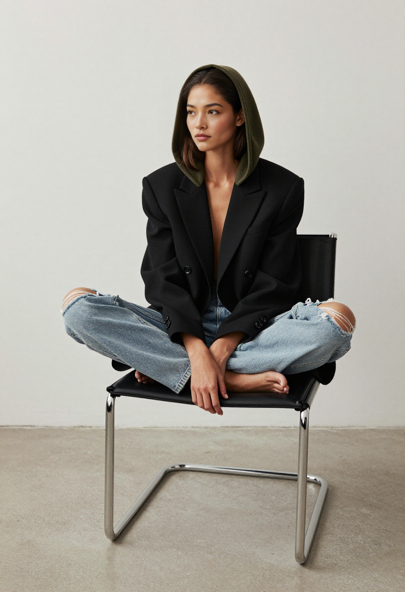 Black Blazer And Olive Hoodie With Light Blue Jeans