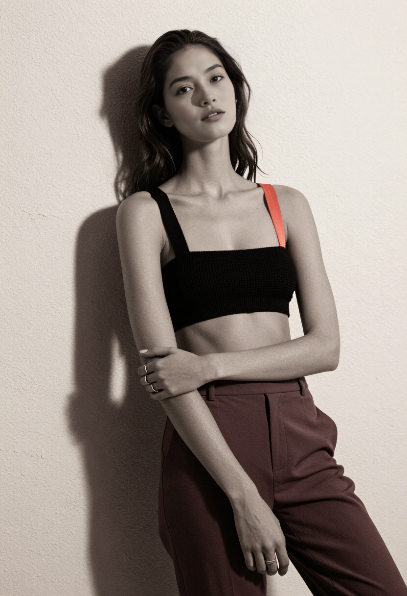 Black Knit Crop Top With Orange Strap And Maroon Trousers