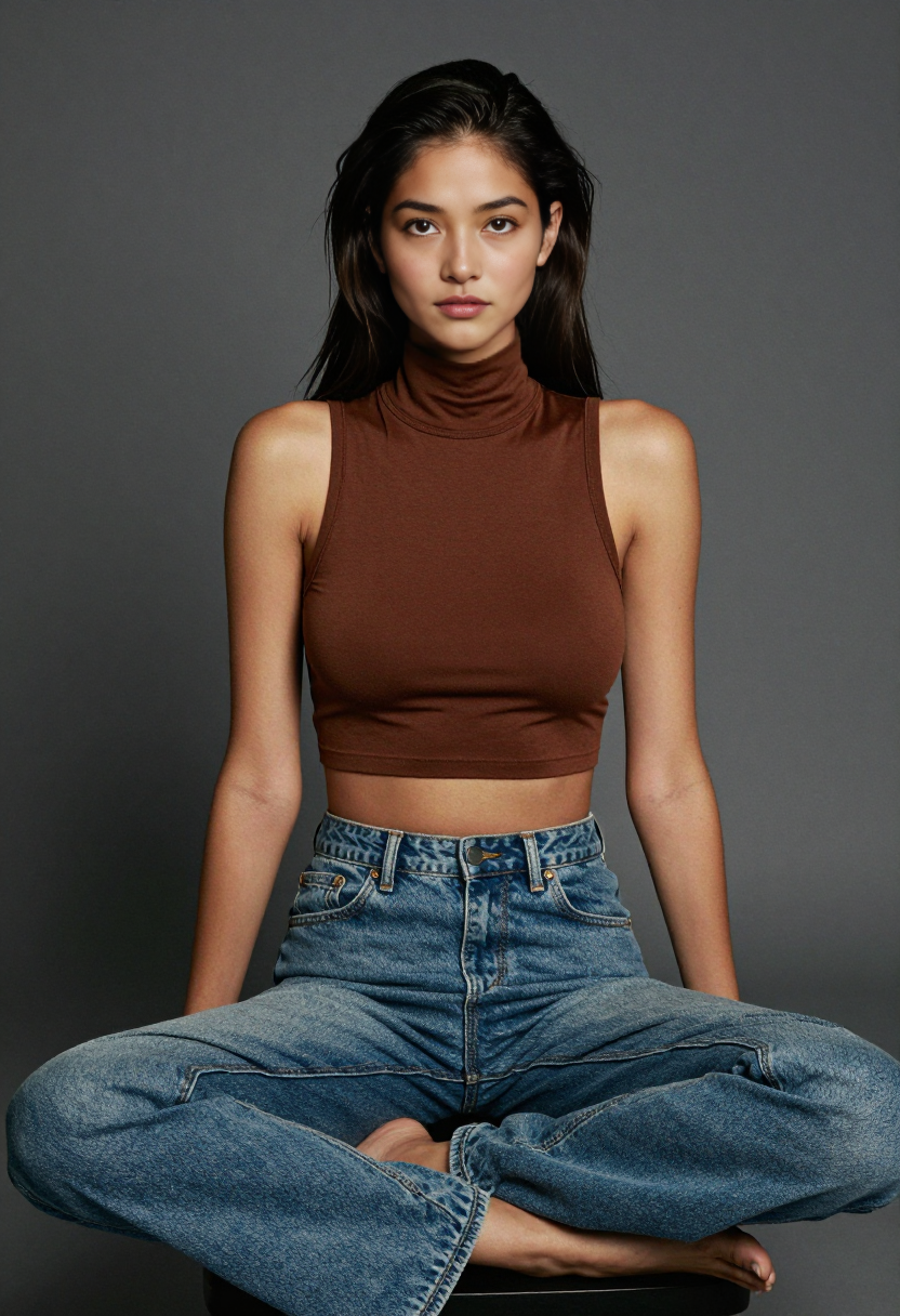 Brown Turtleneck Crop Top And Blue Jeans