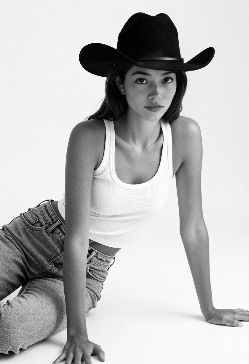 hv-valentina-clean lines-Black Cowboy Hat White Ribbed Tank Top High Waisted Jeans