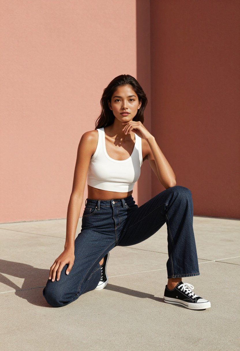 hv-valentina-clean lines-White Crop Top And Dark Blue Jeans With Black Sneakers
