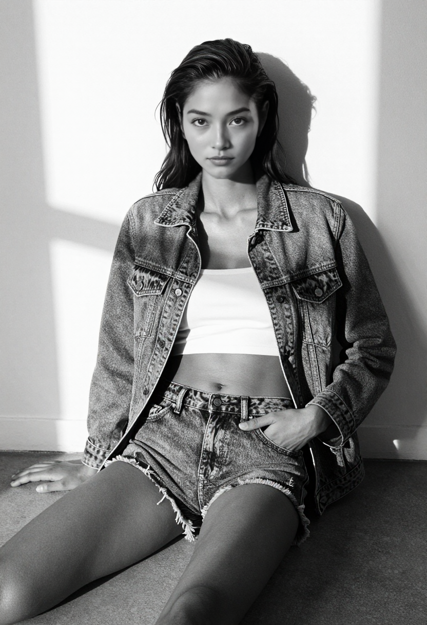 hv-valentina-clean lines-White Crop Top And Denim Jacket With Denim Shorts
