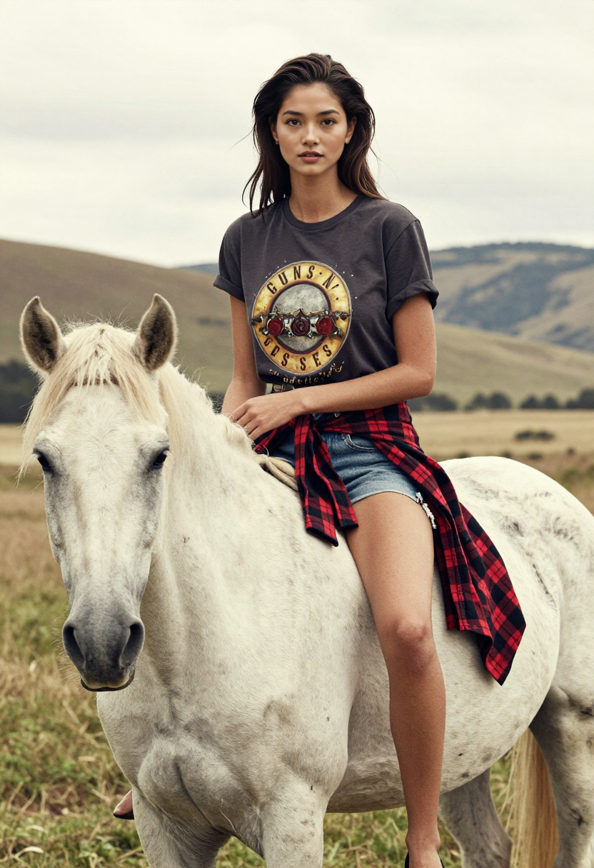 hv-valentina-wild n wandering-Grey Graphic Tee And Denim Shorts With Red Plaid Shirt