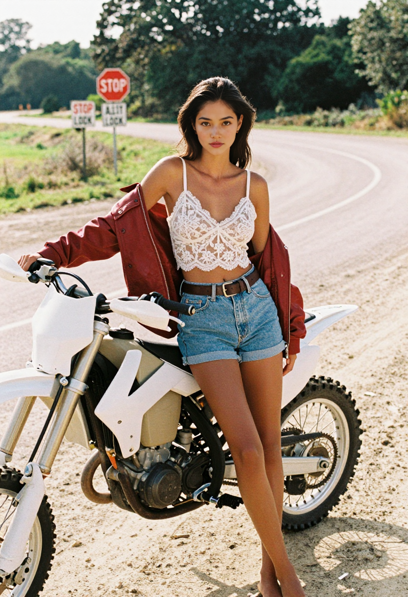 White Lace Cami And Red Jacket And Blue Denim Shorts