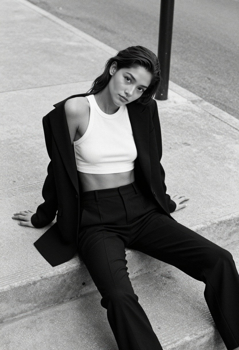 White Ribbed Crop Top And Black Blazer With Black Trousers