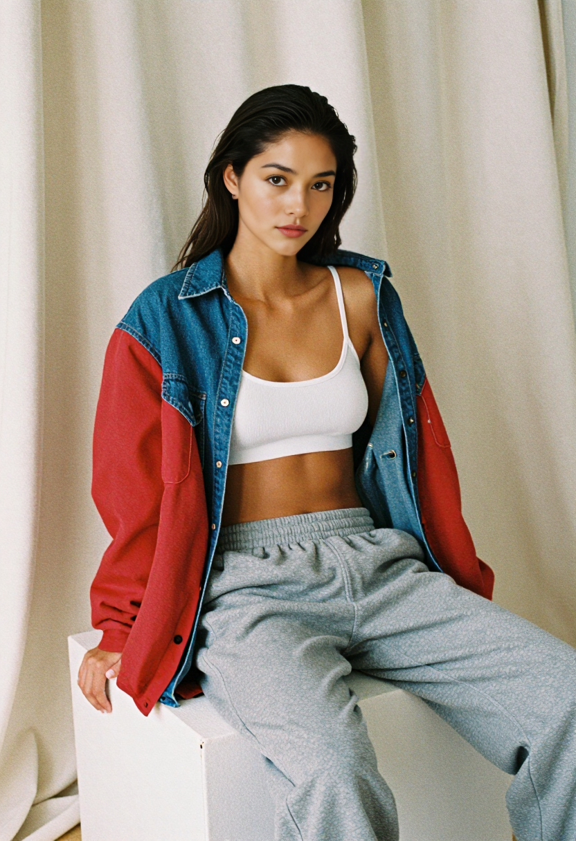 White Ribbed Crop Top And Grey Sweatpants With Red