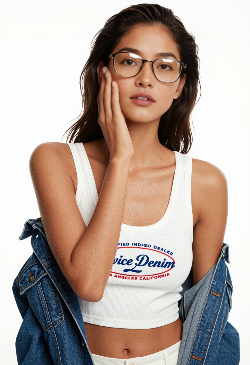 White Ribbed Tank Top And Blue Denim Jacket