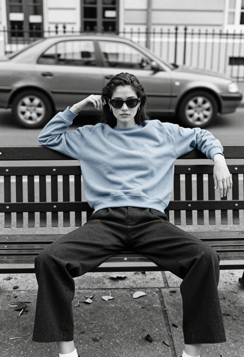 Light Blue Sweatshirt And Dark Wide Leg Trousers