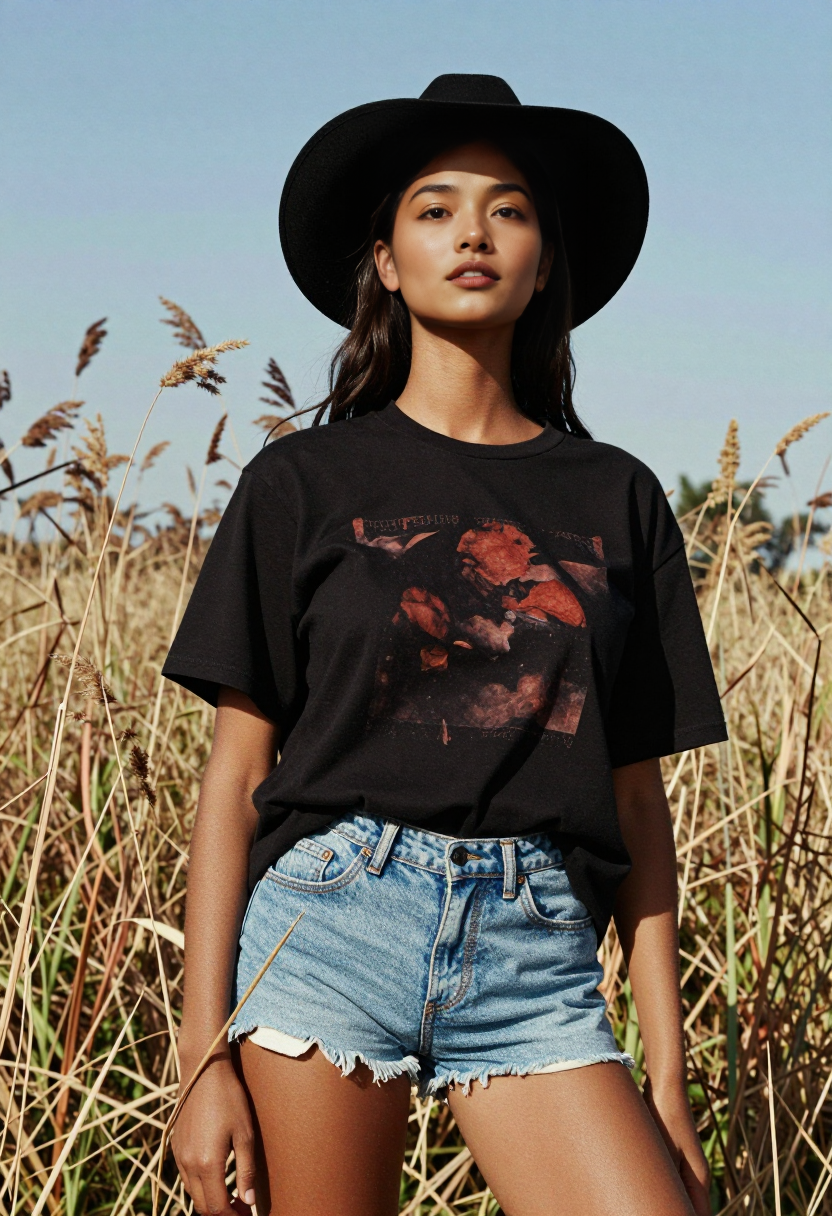 Black Graphic Tee And Blue Denim Shorts